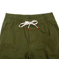 General detail shot of Topo Designs Men's Dirt Pants in Olive green showing drawstring waistband.