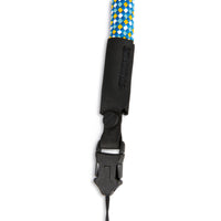 General shot of Topo Designs Camera Strap in Blue White Yellow showing the attachment hardware.