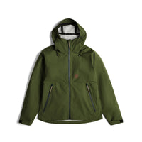 Topo Designs Women's Global Jacket lightweight packable 10k waterproof rain coat in recycled "Olive" polyester.