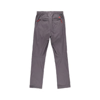 General back shot of Topo Designs Women's Lightweight Tech Pants in "Charcoal" gray showing zipper pockets.