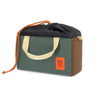 Topo Designs Camera Cube protective organizer photography bag in "Forest / Cocoa" green brown