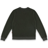 Back of Topo Designs Men's Global pullover Sweater recycled washable Italian wool in "Olive" green.