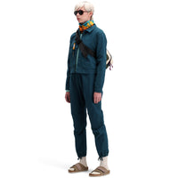 Front model shot of Topo Designs Women's Dirt Pants in 100% organic cotton with drawstring waist in "Pond Blue"