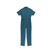 Back of Topo Designs Women's Dirt Coverall 100% organic cotton short sleeve jumpsuit in "pond blue"