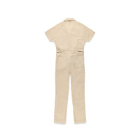 Back of Topo Designs Women's Dirt Coverall 100% organic cotton short sleeve jumpsuit in "sand" white