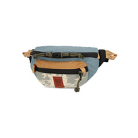 Topo Designs Mountain Waist Pack in lightweight recycled "Goblin Blue / Sand Multi" nylon.