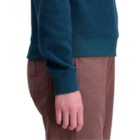 General shot of Topo Designs Women's Global Sweater recycled Italian wool crewneck pullover in "pond blue"