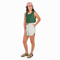 General shot of Topo Designs Women's River quick-dry swim Shorts in light mint on model.