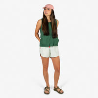 General shot of Topo Designs Women's River quick-dry swim Shorts in light mint on model.