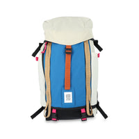 Topo Designs Mountain Pack 28L hiking backpack with external laptop sleeve access in lightweight recycled "Bone White / Blue" nylon.