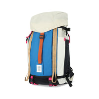 Topo Designs Mountain Pack 28L hiking backpack with external laptop sleeve access in lightweight recycled "Bone White / Blue" nylon.