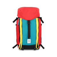 Topo Designs Mountain Pack 28L hiking backpack with external laptop sleeve access in lightweight recycled "Red / Turquoise" nylon.