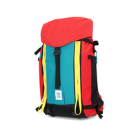 Topo Designs Mountain Pack 28L hiking backpack with external laptop sleeve access in lightweight recycled "Red / Turquoise" nylon.