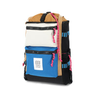 Topo Designs River Bag cinch top tote backpack with mesh sides in "Bone White / Blue" recycled nylon.