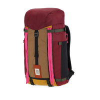 Topo Designs Mountain Pack 28L hiking backpack with external laptop sleeve access in lightweight recycled "Burgundy / Dark Khaki" nylon.