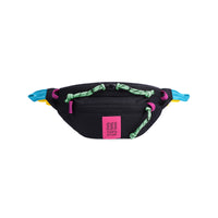 Topo Designs Mountain Waist Pack in lightweight recycled "Black / Pink" nylon.